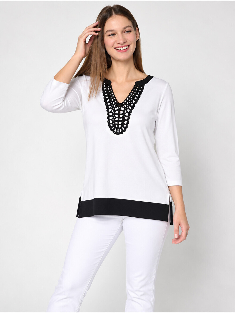 Susan Graver Knit Split-Neck Tunic Top with Trim Detail White/Black Petite Small